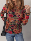 Multicolour Floral Print Lettuce Trim Long Sleeve Mesh Top - Your Second Look