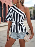 One Shoulder Striped Blouse with Belt - Your Second Look