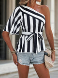 One Shoulder Striped Blouse with Belt - Your Second Look