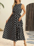 Polka Dot Round Neck Sleeveless Midi Dress - Your Second Look