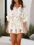 Printed Tie Waist Half Sleeve Romper - Your Second Look