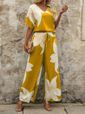 Printed V - Neck Top and Pants Set - Your Second Look