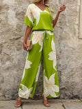 Printed V - Neck Top and Pants Set - Your Second Look