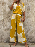 Printed V - Neck Top and Pants Set - Your Second Look