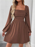 Ruched Square Neck Long Sleeve A - Line Dress - Your Second Look