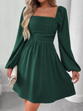Ruched Square Neck Long Sleeve A - Line Dress - Your Second Look