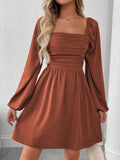 Ruched Square Neck Long Sleeve A - Line Dress - Your Second Look