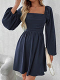 Ruched Square Neck Long Sleeve A - Line Dress - Your Second Look