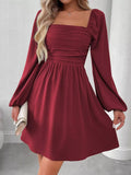 Ruched Square Neck Long Sleeve A - Line Dress - Your Second Look