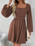 Ruched Square Neck Long Sleeve A - Line Dress - Your Second Look