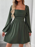 Ruched Square Neck Long Sleeve A - Line Dress - Your Second Look