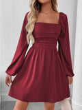Ruched Square Neck Long Sleeve A - Line Dress - Your Second Look
