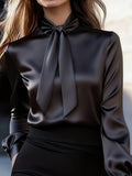 Satin Bow Tie Long Sleeve Blouse - Your Second Look