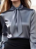 Satin Bow Tie Long Sleeve Blouse - Your Second Look