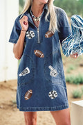 Sequin Football Cheer Patches Game Day Denim Mini Dress - Your Second Look