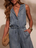 Sleeveless Drawstring Waist Washed Denim Jumpsuit - Your Second Look