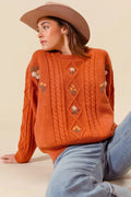 SO ME Embroidered Flower Cable Knitted Sweater - Your Second Look