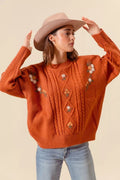 SO ME Embroidered Flower Cable Knitted Sweater - Your Second Look