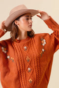 SO ME Embroidered Flower Cable Knitted Sweater - Your Second Look
