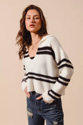 SO ME Fuzzy Hairy Stripe Deep U Neck Sweater - Your Second Look