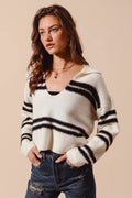 SO ME Fuzzy Hairy Stripe Deep U Neck Sweater - Your Second Look