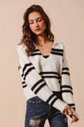 SO ME Fuzzy Hairy Stripe Deep U Neck Sweater - Your Second Look