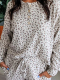 Spiral Ribbed Floral Print Long Sleeve Henley Top Drawstring Short Set - Your Second Look