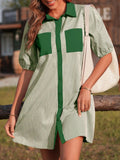 Stripe Color Block Patchwork Shirt Collar Button Down Puff Sleeve Mini Dress - Your Second Look