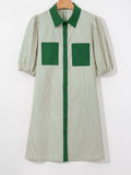 Stripe Color Block Patchwork Shirt Collar Button Down Puff Sleeve Mini Dress - Your Second Look