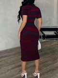 Striped Polo Collar Midi Dress - Your Second Look