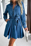 Tied Half Button Long Sleeve Denim Dress - Your Second Look