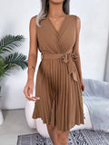Tied Surplice Sleeveless Pleated Dress - Your Second Look