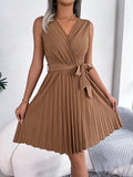 Tied Surplice Sleeveless Pleated Dress - Your Second Look