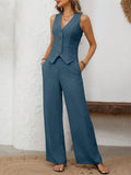 V - Neck Button Down Vest and Pants Set - Your Second Look