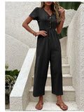 V - Neck Short Sleeve Wide Leg Jumpsuit - Your Second Look