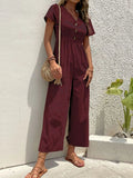 V - Neck Short Sleeve Wide Leg Jumpsuit - Your Second Look
