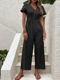 V - Neck Short Sleeve Wide Leg Jumpsuit - Your Second Look