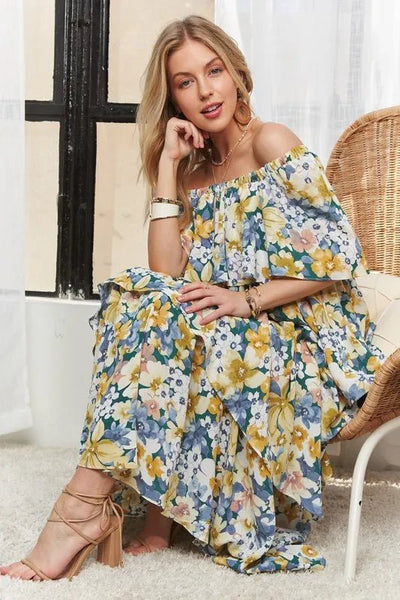 ADORA Layered Floral Off - Shoulder Short Sleeve Maxi Dress - Your Second Look
