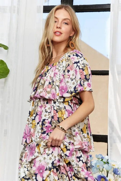 ADORA Layered Floral Off - Shoulder Short Sleeve Maxi Dress - Your Second Look