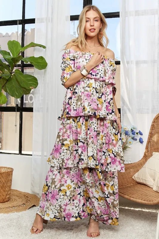 ADORA Layered Floral Off - Shoulder Short Sleeve Maxi Dress - Your Second Look