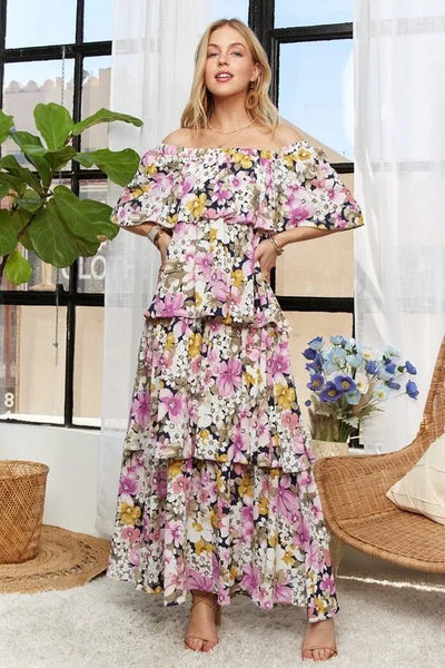 ADORA Layered Floral Off - Shoulder Short Sleeve Maxi Dress - Your Second Look