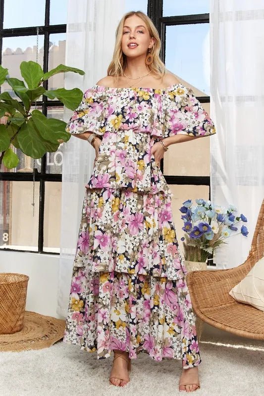 ADORA Layered Floral Off - Shoulder Short Sleeve Maxi Dress - Your Second Look
