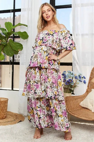 ADORA Layered Floral Off - Shoulder Short Sleeve Maxi Dress - Your Second Look