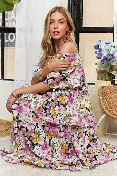 ADORA Layered Floral Off - Shoulder Short Sleeve Maxi Dress - Your Second Look
