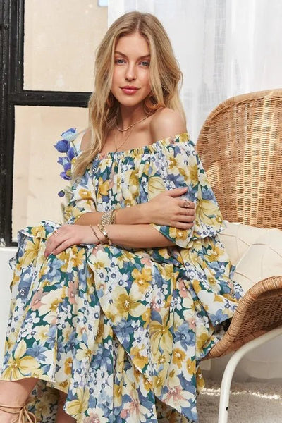 ADORA Layered Floral Off - Shoulder Short Sleeve Maxi Dress - Your Second Look