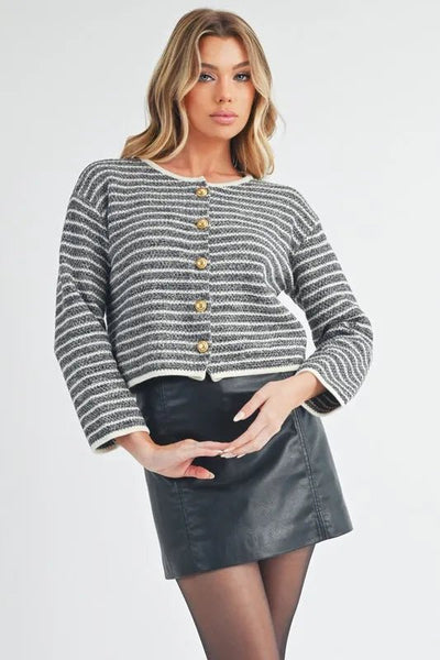Aemi + Co Striped Button Down Round Neck Cardigan - Your Second Look