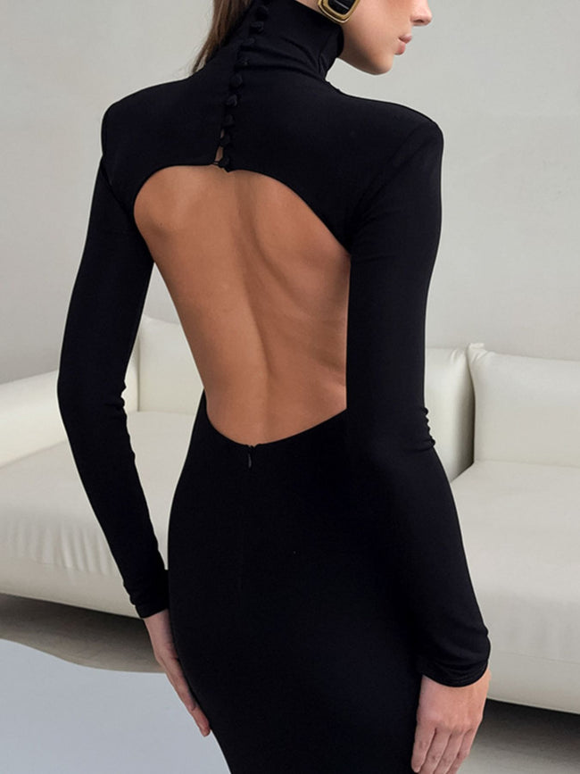 Backless Turtleneck Long Sleeve Bodycon Maxi Dress - Your Second Look