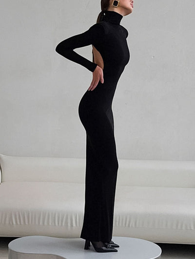 Backless Turtleneck Long Sleeve Bodycon Maxi Dress - Your Second Look