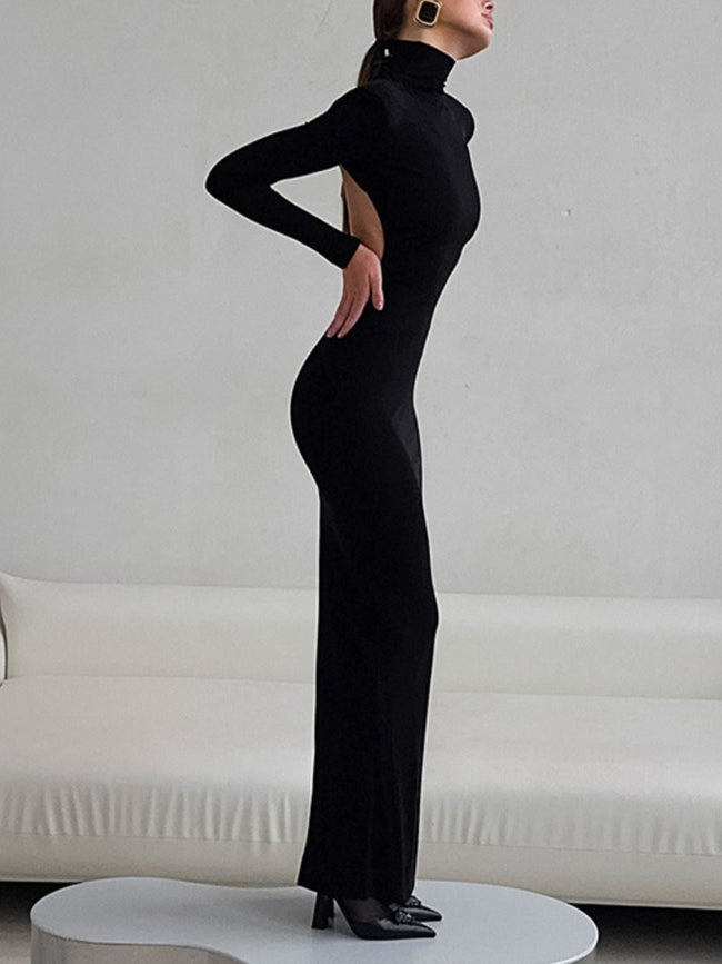 Backless Turtleneck Long Sleeve Bodycon Maxi Dress - Your Second Look