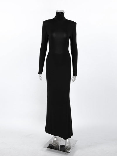 Backless Turtleneck Long Sleeve Bodycon Maxi Dress - Your Second Look
